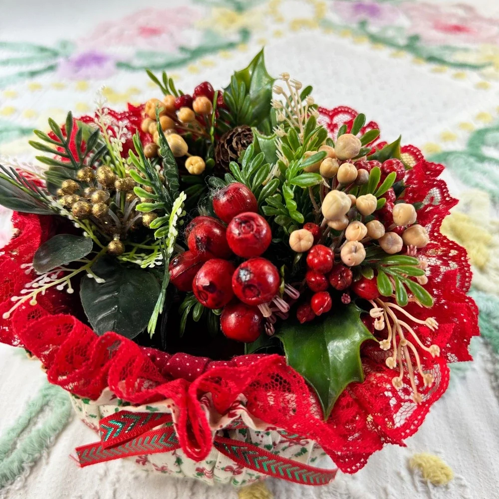 Vintage Christmas Floral Arrangement Fabric Pot Red Berry Lace Centerpiece